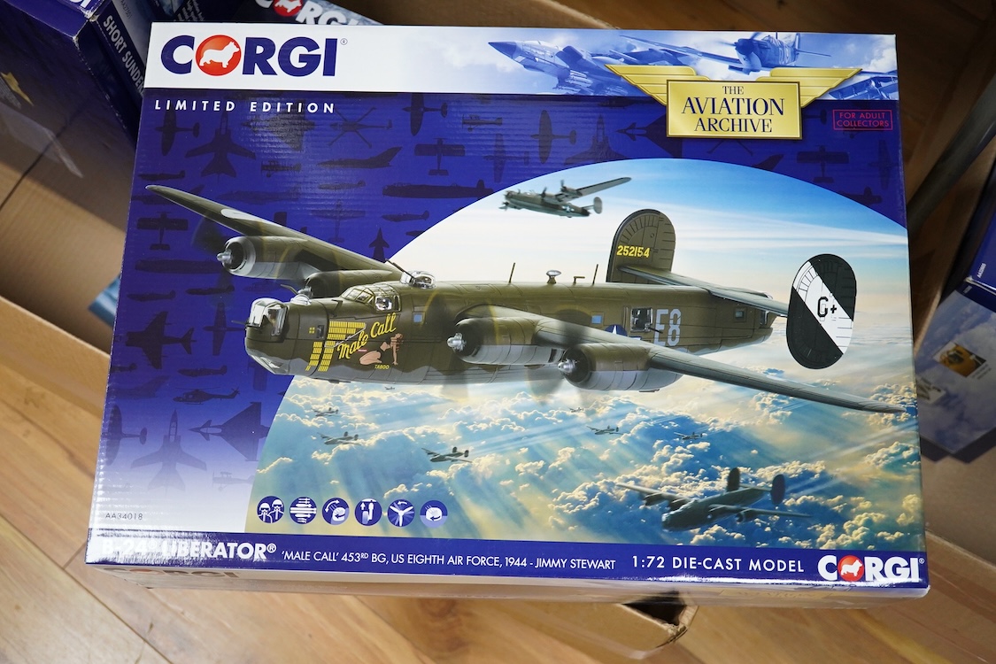 Three boxed 1:72 scale Corgi Aviation Archive aircraft; a Short Sutherland Mk.III, a Consolidated Catalina Mk.IVa, and a B-24 Liberator